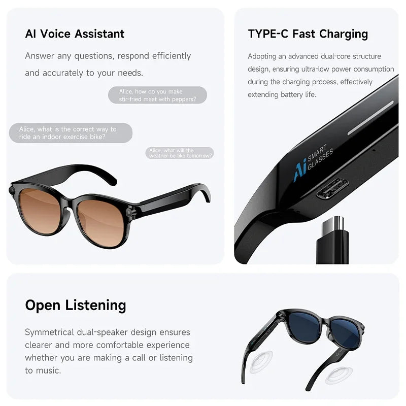 Smart Sunglasses for Men And Women with 200W HD Camera AI Photo Recognition Video Recording 290mAh Battery 512M Storage