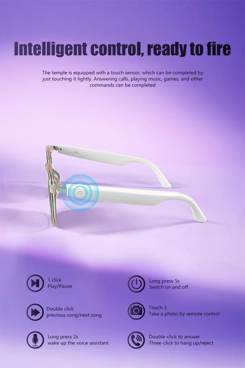 Smart Glasses: BT 5.3 Calls, Wireless Music, AI Voice, Camera & Polarized UV400 Lenses. Touch Control & Anti-blue Light.