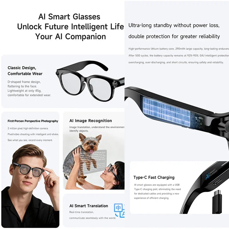 Smart Sunglasses for Men And Women with 200W HD Camera AI Photo Recognition Video Recording 290mAh Battery 512M Storage