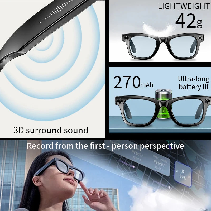 Smart Glasses 8 Million Pixels Recording Videos AI Photo Recognition Answer Translation 270mAh IP65 Waterproof Bluetooth Glasses