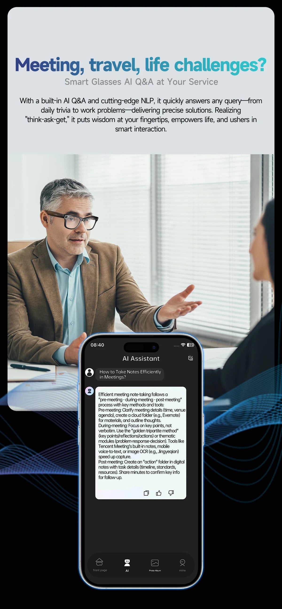 Smart Glasses 8 Million Pixels Recording Videos AI Photo Recognition Answer Translation 270mAh IP65 Waterproof Bluetooth Glasses