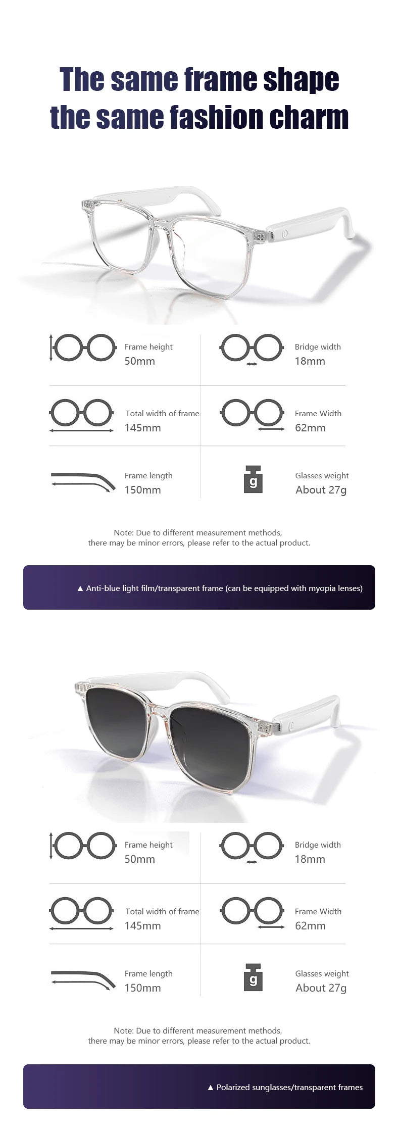 Smart Glasses: BT 5.3 Calls, Wireless Music, AI Voice, Camera & Polarized UV400 Lenses. Touch Control & Anti-blue Light.