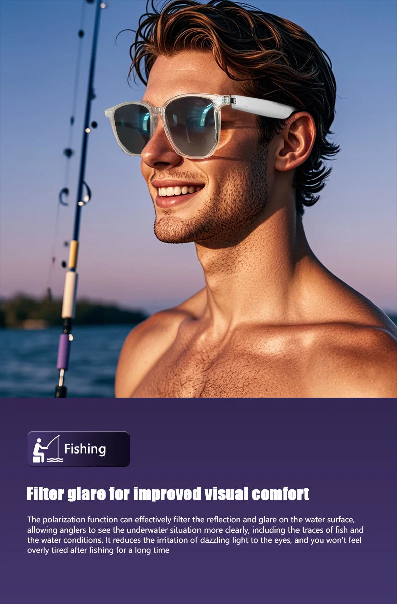 Smart Glasses: BT 5.3 Calls, Wireless Music, AI Voice, Camera & Polarized UV400 Lenses. Touch Control & Anti-blue Light.